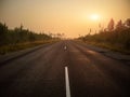 Empty asphalt road, track in the forest at dawn. Royalty Free Stock Photo