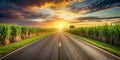 Empty Asphalt Road Winding Through Vast Sugarcane Fields A Tranquil Countryside Landscape with Exceptional Depth of Royalty Free Stock Photo