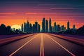 empty asphalt roadway with skyline of a city at dusk