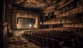 Empty auditorium, old stage, spooky, illuminated by ancient movie theater generated by AI Royalty Free Stock Photo