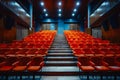 An empty auditorium with rows of red chairs and stairs. Generative AI
