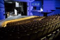 Empty auditorium and stage in the theater. Rehearsal of the play Royalty Free Stock Photo
