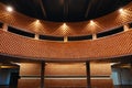 empty auditorium with wooden floors, brick walls and dark ceilings