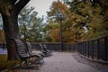 Empty autumn park with benches