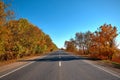 Empty autumn road, highway, with beautiful trees on the sides, against the background of a clear, blue sky Royalty Free Stock Photo