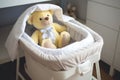 an empty baby bassinet with a soft plush toy