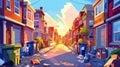 An empty back alley and city street with houses at sunset. A city street with old buildings, trash bins, boxes, and Royalty Free Stock Photo