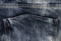 Empty back jeans pocket close-up, navy denim texture, double rough straight stitch on jeans