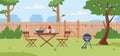 Empty backyard is ready for barbecue party. Garden outside the home, wood fence on the background. Vector illustration.