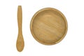 Empty bamboo wooden brown bowl and spoon isolated on white Royalty Free Stock Photo