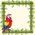 Empty banner with bamboo frame and parrot bird cartoon character Royalty Free Stock Photo