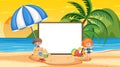 Empty banner template with kids on vacation at the beach sunset scene Royalty Free Stock Photo