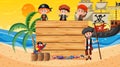 Empty banner template with pirate kids at the beach sunset scene