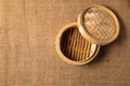 Empty basket of dim sum made by bamboo material. Chinese Traditional cuisine concept. Dumplings Dim Sum in bamboo steamer with Royalty Free Stock Photo