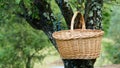 Empty basket on a plum tree orchard. Royalty Free Stock Photo