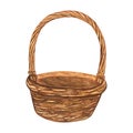 An empty basket woven from twigs for picnic, food, flowers, Easter. Hand drawn watercolor illustration isolated on white