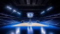 Empty basketball arena with floodlights and fan seats