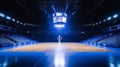 Empty basketball arena with floodlights and fan seats