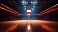 Empty basketball arena with floodlights and fan seats