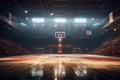 Empty basketball court with lights and wood floor. 3D Rendering, AI Generated
