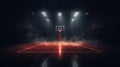 An empty basketball court with wooden floor and a hoop. Empty basketball arena in the dark