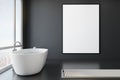 Empty bathroom with a blank white banner on the black wall, big window, city view, concrete floor, interior design ad concept Royalty Free Stock Photo