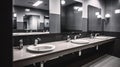 Empty bathroom public restroom interior with washing hand sinks. Mirror with hand basin and faucet in clean toilet. AI Generative