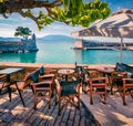 Empty beach cafe in Nafpaktos town. Royalty Free Stock Photo