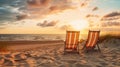 Empty beach chairs on a sandy beach