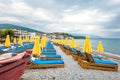 Empty beach chairs and umbrellas. Platamonas, Pieria, Greece