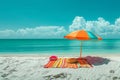 Empty beach without people with umbrella and accesorries at sea background