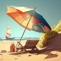 Empty beach with sun loungers and umbrellas on a sunny day. Summer vacatiom on the beach. AI generated image. Royalty Free Stock Photo