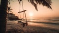 Empty beach swing in golden light at sunset or sunrise. Tranquil tropical holiday scene Royalty Free Stock Photo