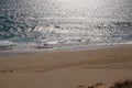 Empty beach at Vila do Conde Portugal in late afternoon with bright white reflections on water Royalty Free Stock Photo