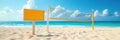 Empty beach, volleyball net sign, sunny day, waves, net Royalty Free Stock Photo