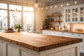 beautiful round wood tabletop counter on interior in clean and bright kitchen background Royalty Free Stock Photo