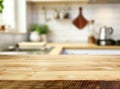 Empty beautiful wood table top counter and blur bokeh modern kitchen interior background in clean and bright, Banner Royalty Free Stock Photo