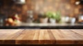 Empty beautiful wood table top counter and blur bokeh modern kitchen interior background in clean and bright,Banner Royalty Free Stock Photo