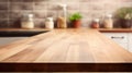Empty beautiful wood table top counter and blur bokeh modern kitchen interior background in clean and bright,Banner Royalty Free Stock Photo