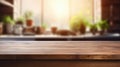 Empty beautiful wood table top counter and blur bokeh modern kitchen interior background in clean and bright,Banner Royalty Free Stock Photo