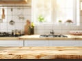 Empty beautiful wood table top counter and blur bokeh modern kitchen interior background in clean and bright, Banner Royalty Free Stock Photo