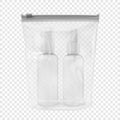 Empty beauty product bottles set in packaging with ziplock 3d realistic illustration isolated. Packaging for travel mock