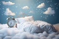 An empty bed in the clouds stands next to an alarm clock. Concept of healthy sleep, bedtime, circadian cycles Royalty Free Stock Photo