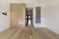 Empty bedroom with custom built-in wardrobe with light oak and white wooden doors, ducted air conditioning in the ceiling and a Royalty Free Stock Photo