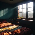 Empty bedroom with morning sunlight beaming through the window, generative ai