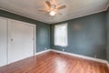 Empty bedroom with white closet doors and green gray walls reddish wood floor