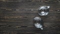 Empty beer or ale pint mug or glass, old wooden table background, copy space, top view Royalty Free Stock Photo