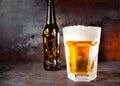 Empty beer bottle next to glass with a light beer and a head of Royalty Free Stock Photo