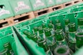 Empty beer bottles aranged in packs in brewery storage lot