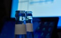 Empty beer bottles, upper part, in front of a switched on computer. Selective focus. Concept for alcohol abuse and alcohol Royalty Free Stock Photo